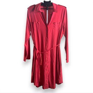 Womens Red Button Front Shirt Dress Belted Long Sleeve 1X Career Casual Stretchy